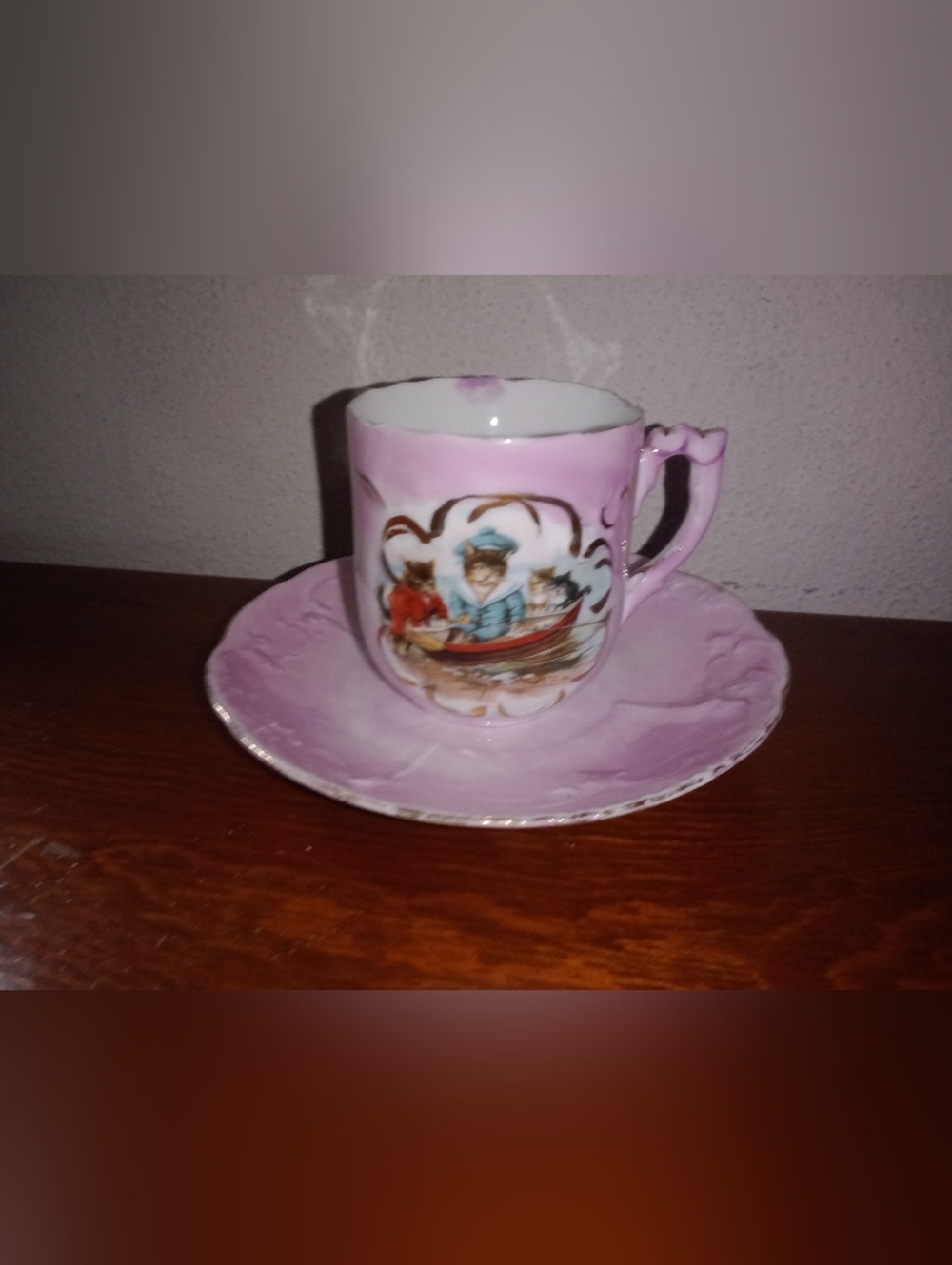 Antique Germany Tea Cup And Saucer Kitty Cats On Boat Coming To Shore Nautical